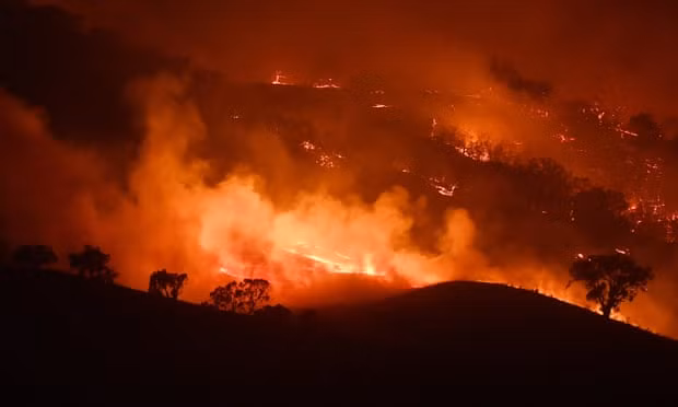A bushfire rages in Mount Adrah, Australia. Global heating has led to an increase in the frequency and severity of fire weather. Photograph: Getty