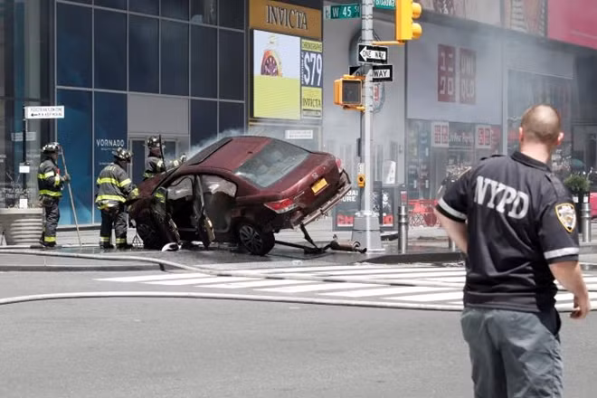 A vehicle that struck pedestrians in Times Square and later crashed on the sidewalk. REUTERS/Mike Segar