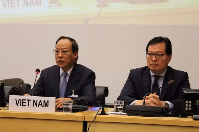 Deputy Minister Le Quy Vuong speaking at the report session.