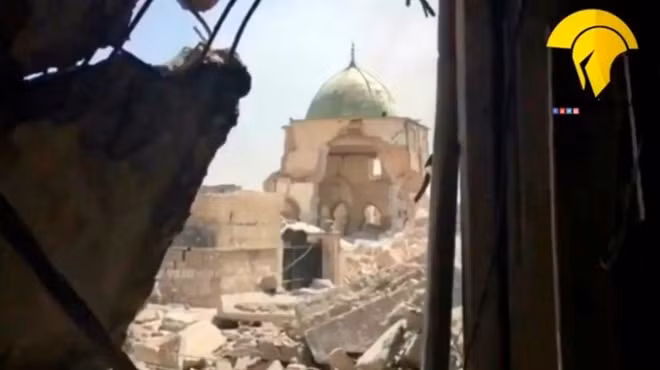 A still image taken from a video shows the destroyed Grand al Nuri Mosque site, said to be shot Mosul, Iraq, June 29, 2017. BROTHERSIRQ/via REUTERS