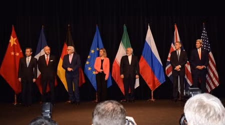 Representatives ofthe U.S., U.K., Iran, European Union, Germany, France and China pose for a photograph after finalizing the Iran nuclear agreement in July 2015.