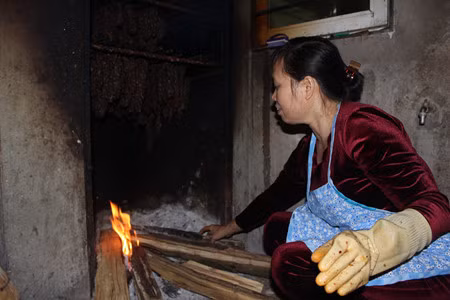 Ms. Nguyen Thi Ly is smoking the seasoned meat.