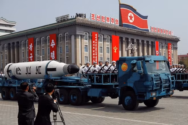 A North Korean navy truck carries a submarine-launched ballistic missile (SLBM).