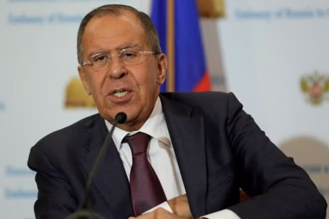 Russian Foreign Minister Sergey Lavrov speaks at his news conference at the Russian Embassy in Washington, U.S., May 10, 2017. REUTERS/Yuri Gripas