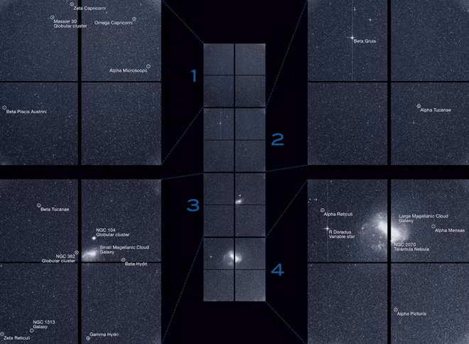 Notable features in this swath of the southern sky include the Large and Small Magellanic Clouds and a globular cluster called NGC 104, also known as 47 Tucanae.