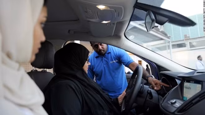 A Saudi woman has a driving lesson in Jeddah on March 7.