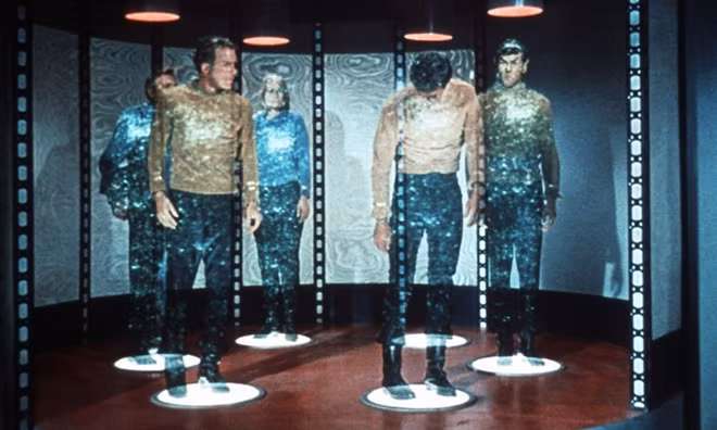 William Shatner and Leonard Nimoy in Star Trek, which popularised the idea of teleportation back in the 1960s. Photograph: Allstar/Paramount