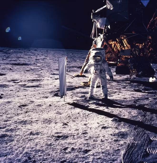 Neil Armstrong’s photograph of Buzz Aldrin on the moon, July 1969. Photograph: Niel Armstrong/AP/Press Association Images