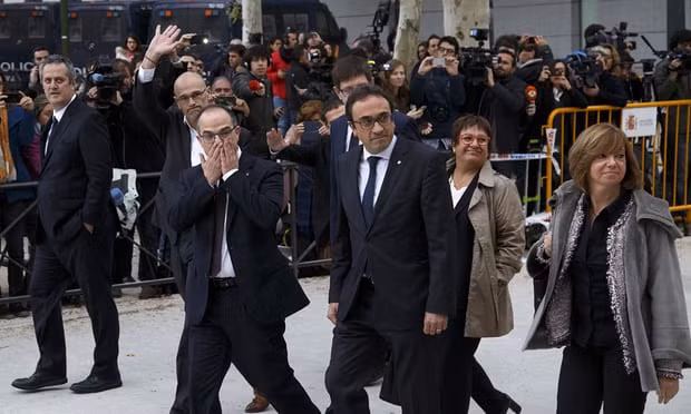 Former members of the Catalan government arrive at Spain’s national court in Madrid on Thursday morning. Photograph: Pablo Blazquez Dominguez/Getty Images