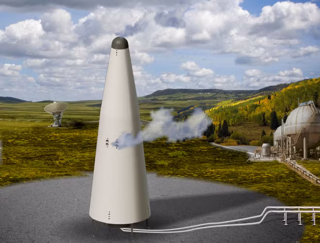 Artist's rendering of the KORONA launch vehicle on a launch pad.