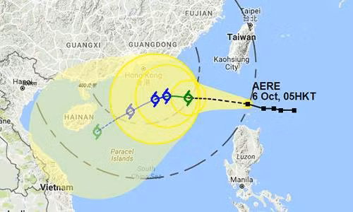 The movement of Aere typhoon as forecast by Hong Kong Observatory.