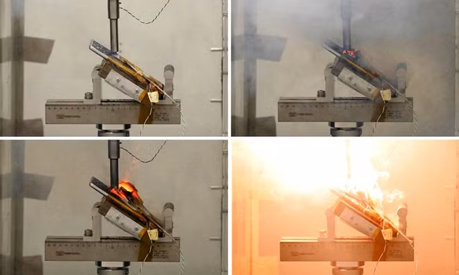 A combination photo shows a Samsung Galaxy Note 7 exploding as pressure is applied to its fully charged battery during a test at the Applied Energy Hub battery laboratory in Singapore. Photograph: Edgar Su/Reuters