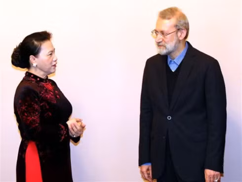 National Assembly Chairwoman Nguyen Thi Kim Ngan (L) meets with Speaker of the Parliament of Iran Ali Ardeshir Larijani