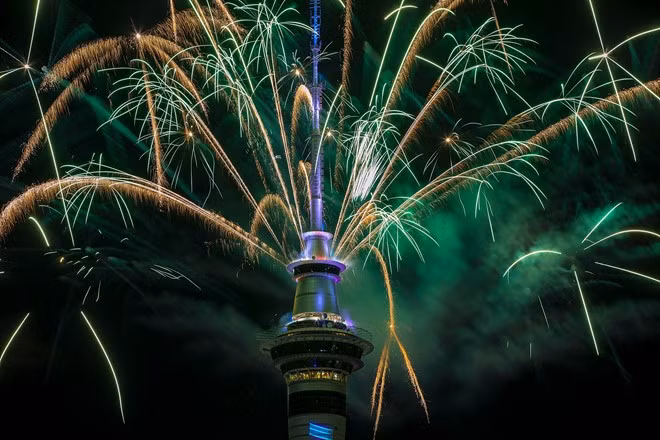 The pyrotechnic display in Auckland used 500kg of fireworks, one tonne of equipment and 10km of wire. Photograph: Dave Rowland/Getty Images