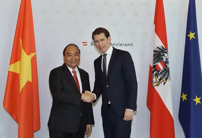 Vietnamese PM Nguyen Xuan Phuc (L) and Austrian Chancellor Sebastian Kurz pose for a photo before their talks