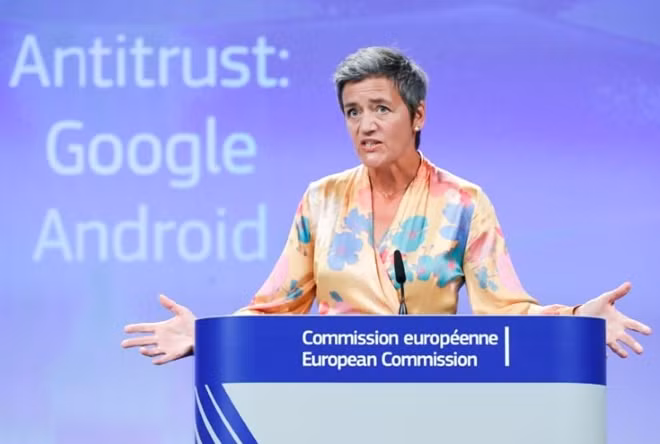 European Competition Commissioner Margrethe Vestager addresses a news conference on Google in Brussels, Belgium, July 18, 2018. REUTERS
