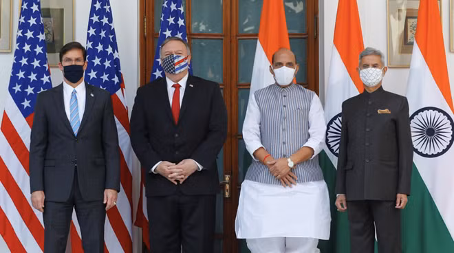 U.S. Secretary of State Mike Pompeo, U.S. Secretary of Defense Mark Esper pose for a picture with India's Foreign Minister Subrahmanyam Jaishankar and India?s Defence Minister Rajnath Singh during a photo opportunity ahead of their meeting at Hyderabad House in New Delhi, India, October 27, 2020. REUTERS/Adnan Abidi/Pool