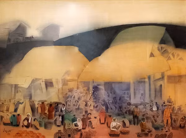 A silk painting named "Cho que" (Rural Market) by Duy Vu in the collection.