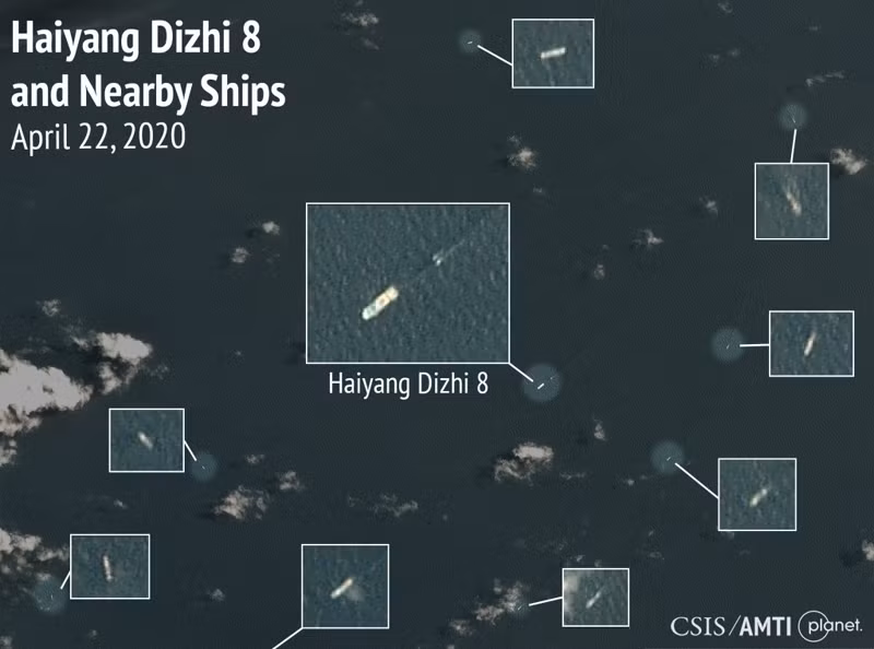 China's Haiyang Dizhi 8 at one point is escorted by up to 10 Chinese Coast Guard and military ships&nbsp; entering close to Malaysian waters in April 2020 (Photo: CSIS/AMTI)