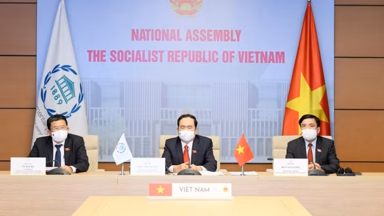A delegation of the National Assembly (NA) led by Standing Vice Chairman Tran Thanh Man attends the opening of the 142nd Inter-Parliamentary Union (IPU) Assembly via videoconference&nbsp;