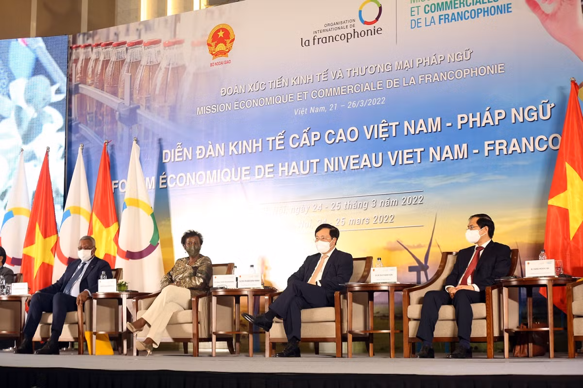 Vietnam supports stronger economic cooperation with OIF ảnh 1 Deputy PM Pham Binh Minh (second from right) and OIF Secretary General Louise Mushikiwabo (second from left) attend the high-level Vietnam - Francophone economic forum in Hanoi on March 24. (Photo: VGP)