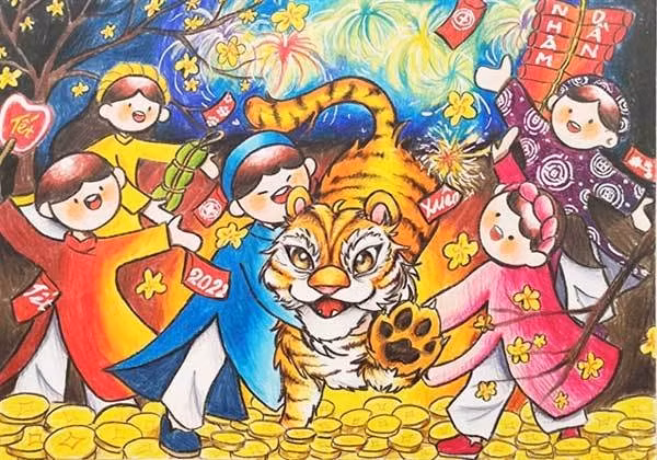 Vui Xuân Nhâm Dần (Celebration Year of Tiger) –&nbsp;a painting by&nbsp;Hoang Xuan Mai, a student of Duc Tri junior secondary school in Da Nang, was&nbsp;selected for display at Da Nang's Fine Arts Museum on December 25.&nbsp;— Photo courtesy of Truong Kha