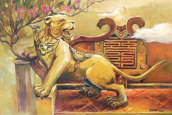 Khát vọng xuân (Spring Aspiration), an oil painting by&nbsp;Le Ngan Thuy, depicts a hopeful new year in&nbsp;2022. — Photo courtesy of Kha Nguyen