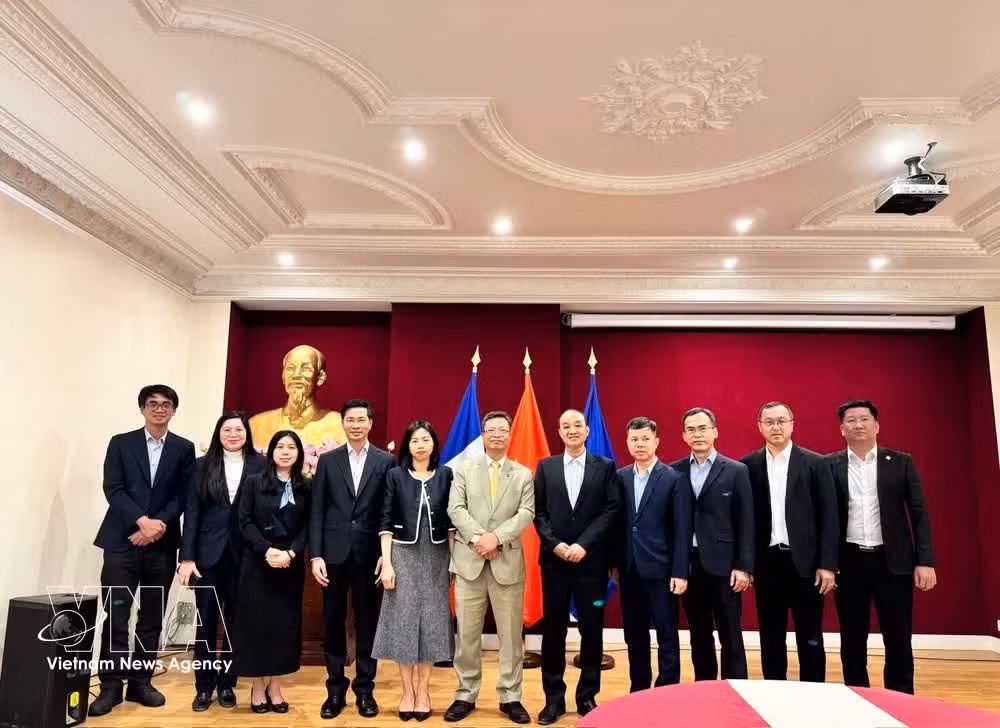 Vietnamese Ambassador to France Trinh Duc Hai (sixth, left) welcomes the Da Nang delegation at the Vietnamese Embassy in France. (Photo: VNA)