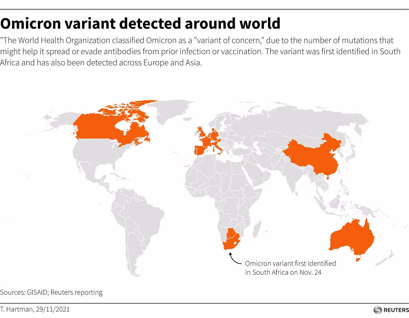 "The World Health Organization classified Omicron as a "variant of concern," due to the number of mutations that might help it spread or evade antibodies from prior infection or vaccination.