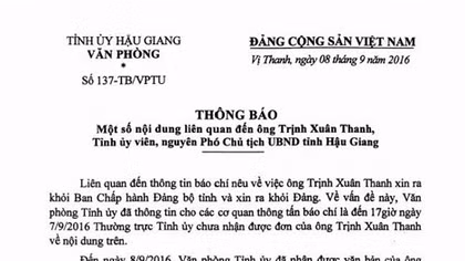 Hau Giang received Trinh Xuan Thanh's withdrawal letter from Communist Party