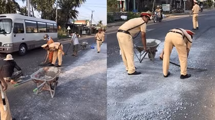 Traffic Police joins hands with people in tidying up road for traffic safety