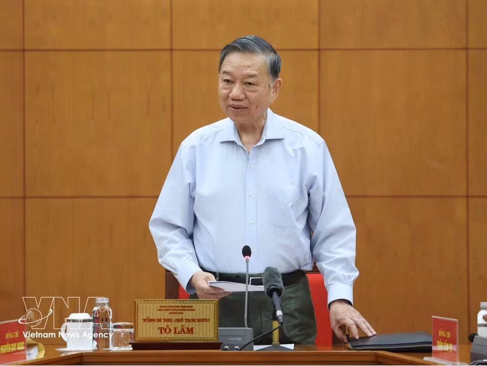 General Secretary of the Communist Party of Vietnam Central Committee and President To Lam speaks at the working session (Photo: VNA)