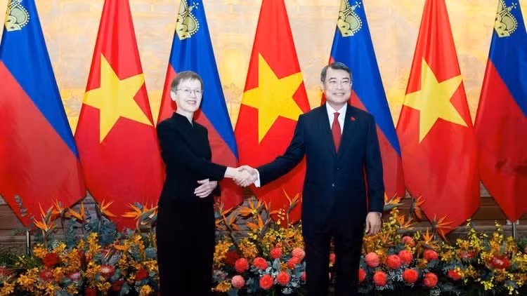 Prime Minister Le Minh Hung and Liechtenstein Prime Minister Brigitte Haas shake hands.