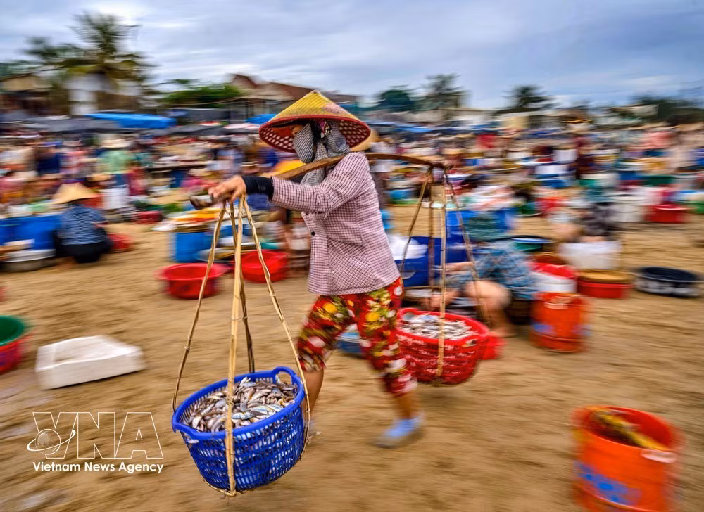 A woman carries seafood at Tam Tien fish market. (Photo: VNA)