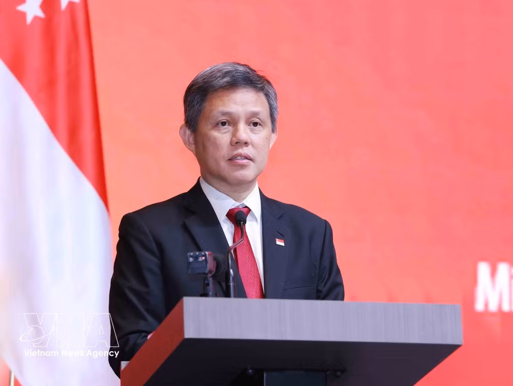 Chan Chun Sing, Assistant Secretary-General of the PAP, Coordinating Minister for Public Services and Minister for Defence of Singapore, speaks at the ceremony. (Photo: VNA)