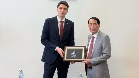 Deputy Minister Lê Quốc Hùng presents a souvenir to Deputy Minister of Justice of the Czech Republic Adam Šimice.