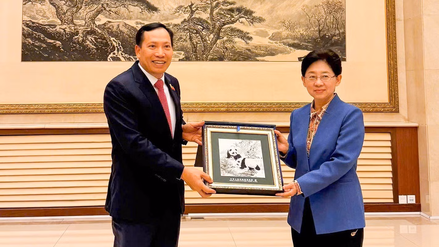 Chinese Vice Minister of Justice Wu Zeng presents a souvenir to Deputy Minister Le Van Tuyen.