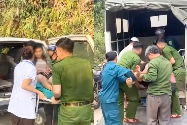 Officers from Quang Nguyen Commune Police Station, in coordination with relevant forces, transport Mr. T.T.C. for emergency treatment.