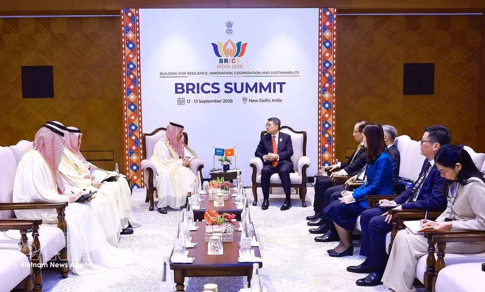 The meeting between Prime Minister Le Minh Hung and Saudi Arabian Minister Foreign Affairs Prince Faisal bin Farhan Al Saud in New Delhi, India, on September 13. (Photo: VNA)