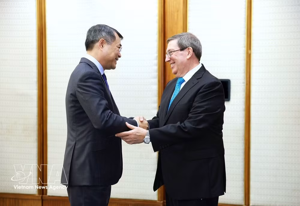 Prime Minister Le Minh Hung (left) and Bruno Rodriguez Parrilla, Politburo member and Minister of Foreign Affairs of Cuba at their meeting in New Delhi on September 12 (Photo: VNA)
