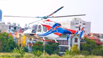 Russian Ansat and Mi-171A2 helicopters take off in Hanoi