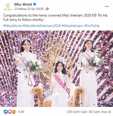 Miss World 2020 facebook page posts status about Do Thi Ha. Miss World 2020 facebook page posts status about Do Thi Ha.