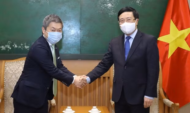 Deputy Prime Minister Pham Binh Minh (R) receives Masahiro Yoshimura, General Manager of Business Development Department at Japan’s Sumitomo Mitsui Financial Group (Photo: VNA)