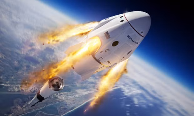 An illustration shows the Crew Dragon capsule and Falcon 9 rocket. Photograph: SpaceX/AP