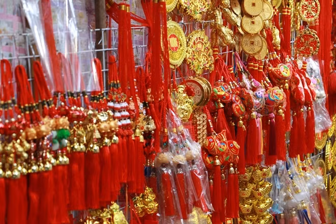 Thousands of Tet related products are offered for sale at small stalls.