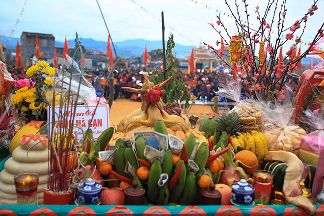 Many gifts of food have been prepared to devote to the God, including boiled chicken, fresh fruit, wine and other traditional food