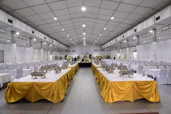 A grand dining hall inside the international media center for the DPRK-USA Hanoi Summit.