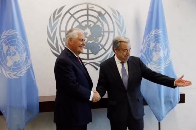 U.S. Secretary of State Rex Tillerson (L) greets UN Secretary General Antonio Guterres at United Nations (UN) headquarters in New York City, NY, U.S. April 28, 2017. REUTERS/Lucas Jackson