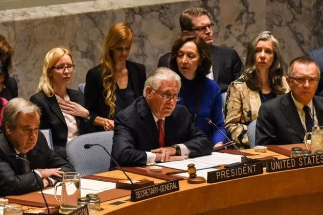 FILE PHOTO: U.S. Secretary of State Rex Tillerson speaks at a Security Council meeting on the situation in North Korea at the United Nations, in New York City, U.S., April 28, 2017. REUTERS/Stephanie Keith