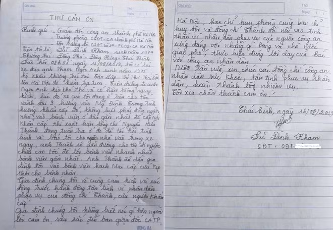 Kham, on behalf of his family, sent a letter to the Hanoi Municipal Police, the Hanoi Traffic Police Division expressing his deep feelings and thanks to Lieutenant Nguyen Huu Thanh.